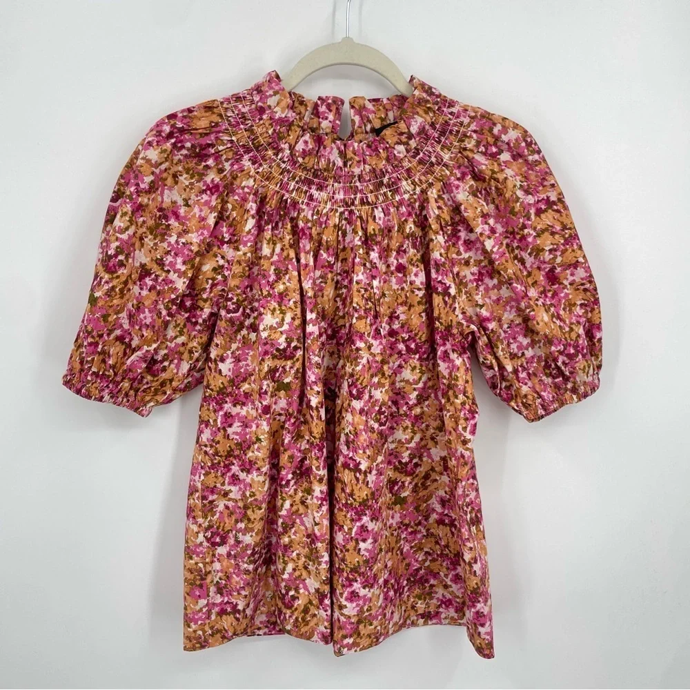 J Crew Smocked high‎ Neck Puff Sleeve Pink Print Blouse BB263 XS